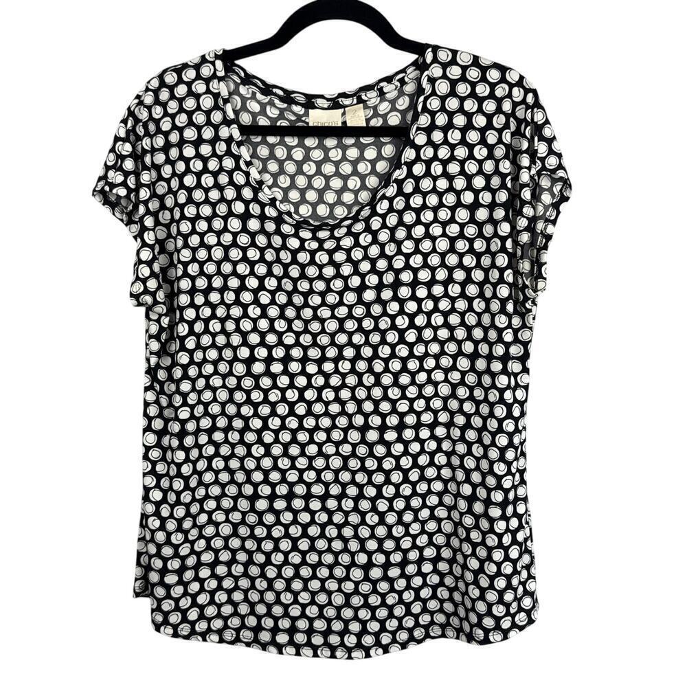 Women’s Chicos Black & White Circular Patterned T-Shirt Sz 2